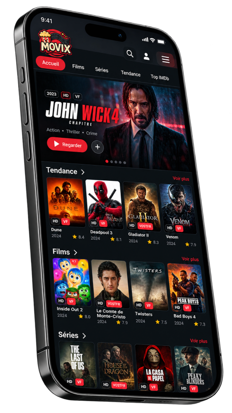 Un téléphone portable avec le site Movix ouvert